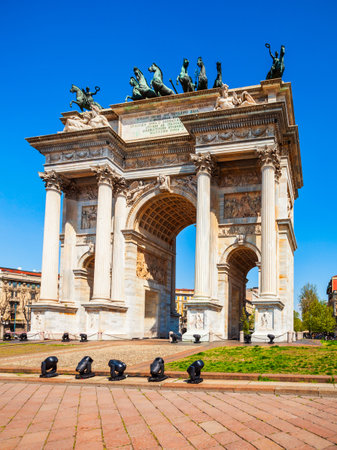 Arch of Peace or Arco della Pace or Porta Sempione is a triumphal arch located in Piazza Sempione Square in Milan in northern Italyの写真素材