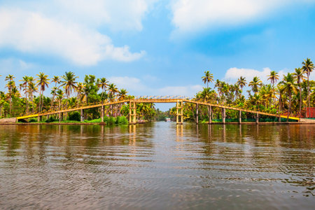 Alappuzha backwaters landscape with bridge in Kerala state in Indiaの写真素材