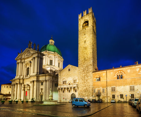 New Cathedral or Duomo Nuovo and Old Cathedral or Duomo Vecchio aerial panoramic view in Brescia city in north Italyの写真素材