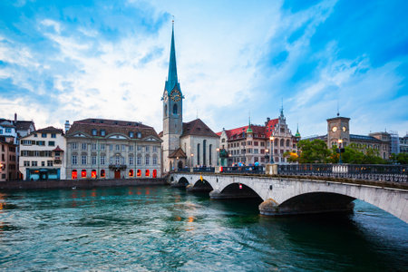 Fraumunster Church near the Limmat river in the centre of Zurich city in Switzerlandの写真素材