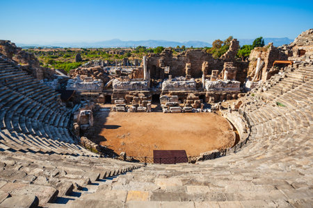 Side Roman Theatre at the ancient city of Side in Antalya region on the Mediterranean coast of Turkey.の写真素材