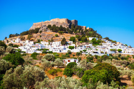 Lindos Acropolis aerial panoramic view in Rhodes island, Greeceの写真素材