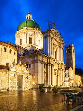 New Cathedral or Duomo Nuovo and Old Cathedral or Duomo Vecchio at the Piazza Paolo square in Brescia city in north Italyの写真素材