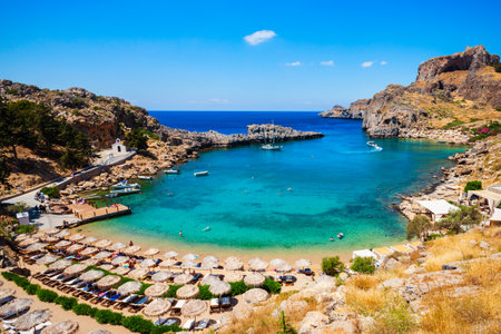 Saint Paul's Beach and Lindos Acropolis aerial panoramic view in Rhodes island in Greeceの写真素材