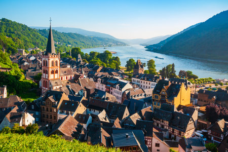 Bacharach aerial panoramic view. Bacharach is a small town in Rhine valley in Rhineland-Palatinate, Germanyの写真素材