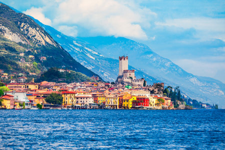 Malcesine old town on the shore of Lake Garda in Verona province, Italyの写真素材