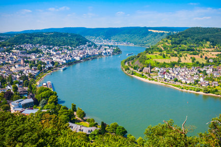 Boppard town aerial panoramic view from Gedeonseck viewpoint. Boppard is the town in the Rhine valley in Germany.の写真素材