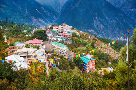 Kalpa and Kinnaur Kailash mountain aerial panoramic view. Kalpa is a small town in the Sutlej river valley, Himachal Pradesh in Indiaの写真素材