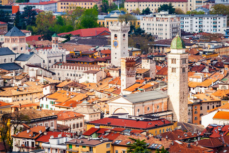 Trento Cathedral or Duomo di Trento aerial panoramic view. Duomo is a roman Catholic cathedral in Trento city in Trentino Alto Adige in Italy.の写真素材