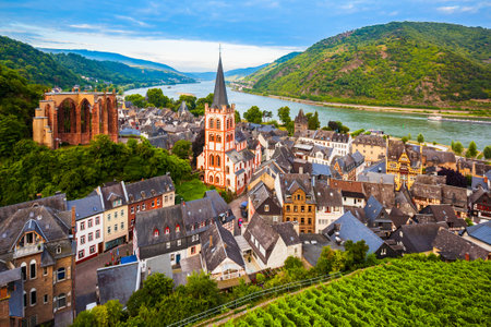 Bacharach aerial panoramic view. Bacharach is a small town in Rhine valley in Rhineland-Palatinate, Germanyの写真素材