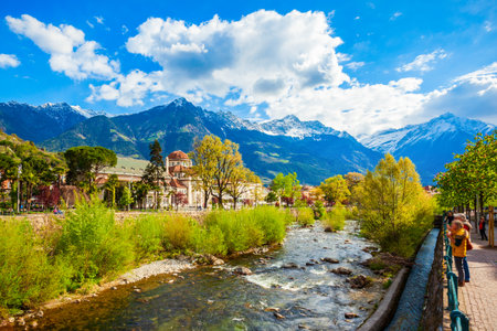 River in Merano city centre view. Merano or Meran is a town in South Tyrol province in northern Italy.の写真素材