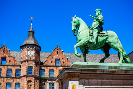 The Jan Wellem monument on the market square in aldstadt old town of Dusseldorf in Germanyの写真素材