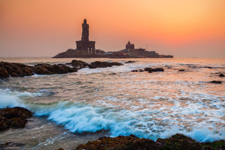 Thiruvalluvar Statue and Vivekananda Rock Memorial on the small island in Kanyakumari city in Tamil Nadu, Indiaの写真素材