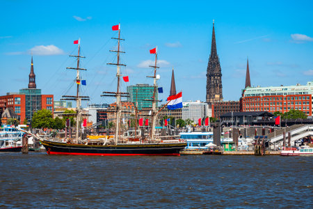 Hamburg city centre and Elbe river with boats in Germanyの写真素材