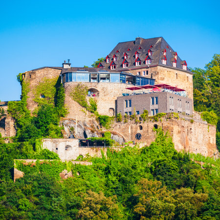 Rheinfels Castle or Burg Rheinfels is a castle ruin located above the bank of Rhine river in Sankt Goar, Germanyの写真素材