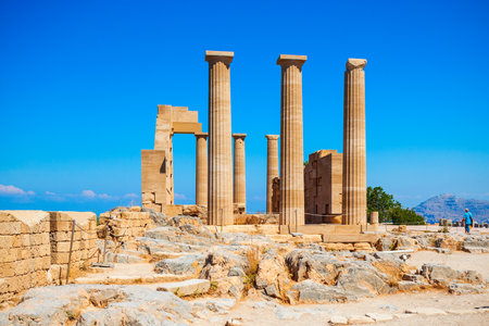 Lindos Acropolis aerial panoramic view in Rhodes island, Greeceの写真素材