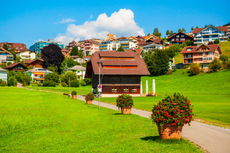 Local houses in the centre of Spiez town in Bern canton of Switzerlandの写真素材