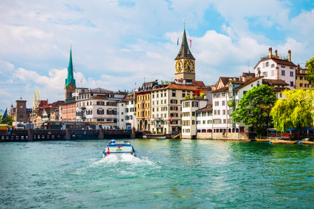 Fraumunster Church and St. Peter Church near the Limmat river in the centre of Zurich city in Switzerlandの写真素材