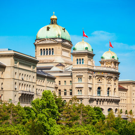 The Federal Palace or Bundeshaus is the building housing the Swiss Federal Assembly and Council in Bern city in Switzerlandの写真素材