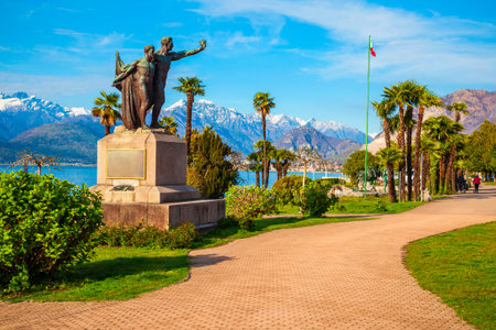 Public park in Stresa town near the Lago Maggiore Lake waterfront in north Italy.の写真素材