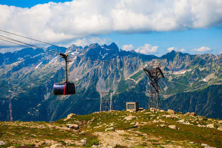 Cable car coach going to the Aiguille du Midi 3842 m mountain in the Mont Blanc massif in the French Alps near the Chamonix town in Franceの写真素材