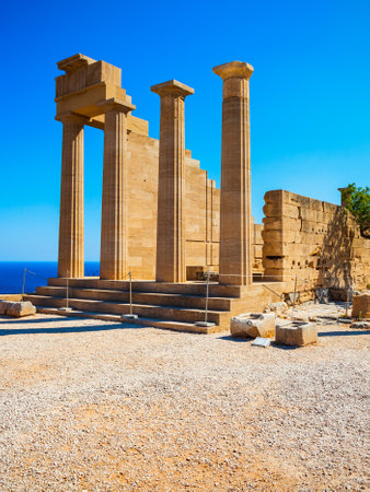 Lindos Acropolis aerial panoramic view in Rhodes island, Greeceの写真素材