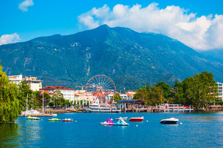 Locarno port with yacht and boats. Locarno is a town located on Lake Maggiore in Ticino canton of Switzerland.の写真素材