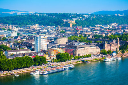 Koblenz aerial panoramic view. Koblenz is a city on the Rhine where it is joined by Moselle river.の写真素材