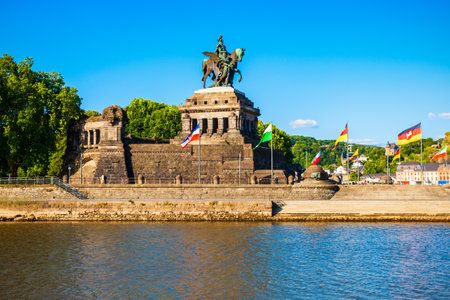 Memorial of German Unity at Deutsches Eck in Koblenz. Koblenz is a city on the Rhine, joined by the Moselle river.の写真素材