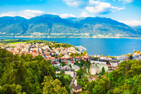 Locarno aerial panoramic view. Locarno is a town located on the shore of Lake Maggiore in the Ticino canton in Switzerland.の写真素材