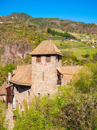 Runkelstein Castle or Castel Roncolo is a medieval fort on a rocky spur in Bolzano city in South Tyrol, Italyの写真素材