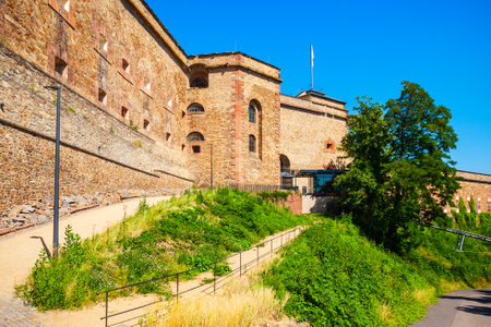 Ehrenbreitstein Fortress aerial panoramic view in Koblenz. Koblenz is city on Rhine, joined by Moselle river.の写真素材