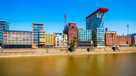Medienhafen or media harbor is a rebuilt port area in Dusseldorf city in Germanyの写真素材