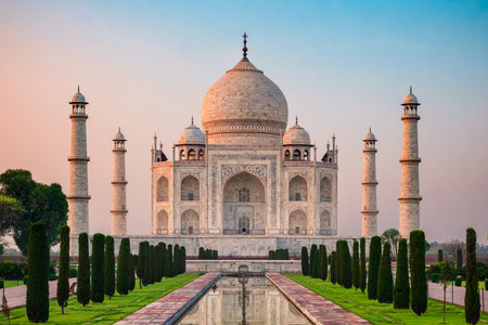 Taj Mahal is a white marble mausoleum on the bank of the Yamuna river in Agra city, Uttar Pradesh state, Indiaの写真素材