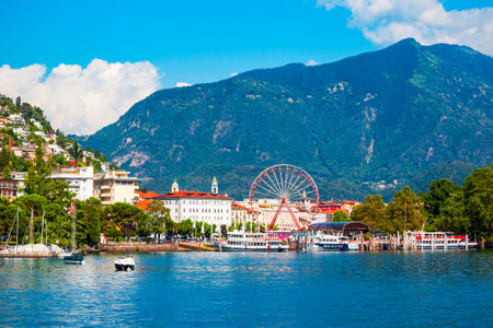Locarno port with yacht and boats. Locarno is a town located on Lake Maggiore in Ticino canton of Switzerland.の写真素材
