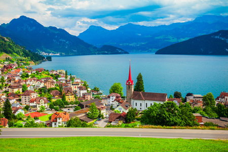 Weggis aerial panoramic view. Weggis is a town on the northern shore of Lake Lucerne in the canton of Luzern in Switzerlandの写真素材