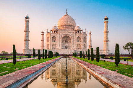 Taj Mahal is a white marble mausoleum on the bank of the Yamuna river in Agra city, Uttar Pradesh state, Indiaの写真素材