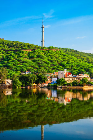 Bundi town and Nawal Sagar lake panoramic view in Rajasthan state in Indiaの写真素材