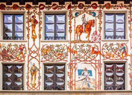 Local houses with paintings at Hirschenplatz main square in Lucerne or Luzern, a city in central Switzerland.の写真素材