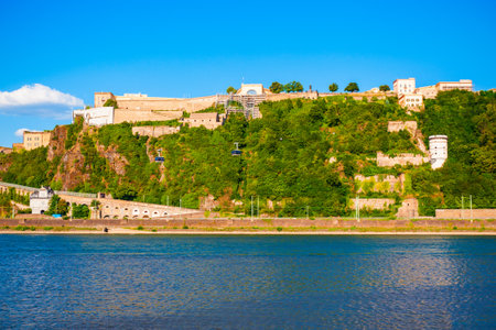 Ehrenbreitstein Fortress aerial panoramic view in Koblenz. Koblenz is city on Rhine, joined by Moselle river.の写真素材