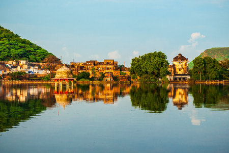 Bundi town and Nawal Sagar lake panoramic view in Rajasthan state in Indiaの写真素材