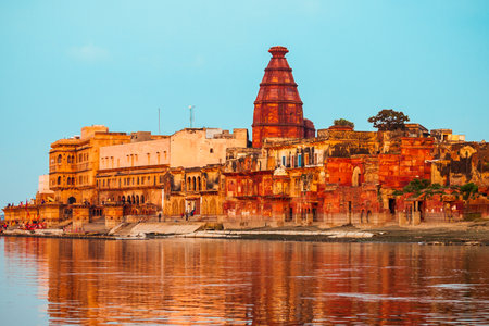 Krishna Temple at the Keshi Ghat on Yamuna river in Vrindavan near Mathura city in Uttar Pradesh state of Indiaの写真素材