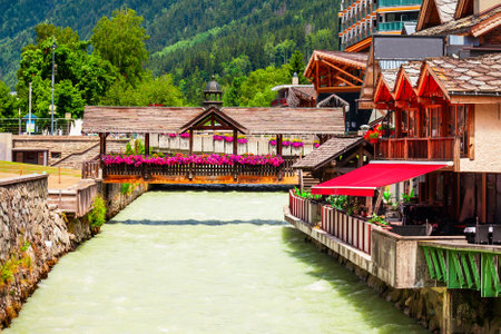 Beauty vintage bridge in Chamonix city centre. Chamonix Mont Blanc is a commune and town in south eastern France.の写真素材