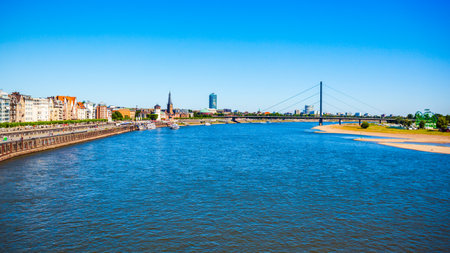 Rhine river and aldstadt old town in Dusseldorf, Germanyの写真素材