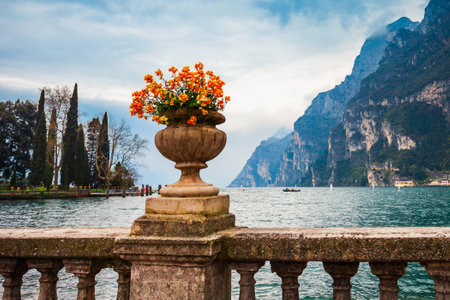 Tip of the Lake Garda, view fron the Riva del Garda town in the Trentino Alto Adige region in Italy.の写真素材