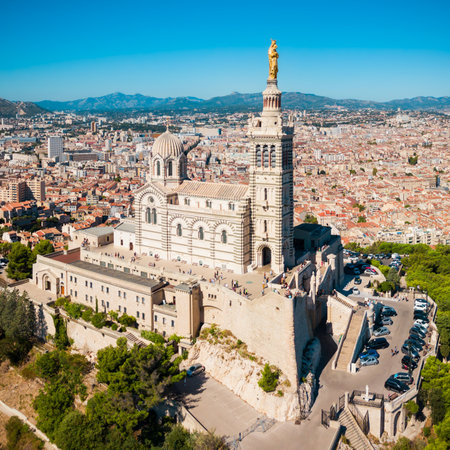 Notre Dame de la Garde or Our Lady of the Guard aerial view, it is a catholic church in Marseille city in Franceの写真素材