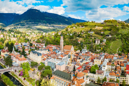 Merano city centre aerial panoramic view. Merano or Meran is a town in South Tyrol in northern Italy.の写真素材