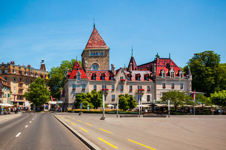 Chateau d'Ouchy or Castle of Ouchy is an old medieval castle in Lausanne city in Switzerlandの写真素材
