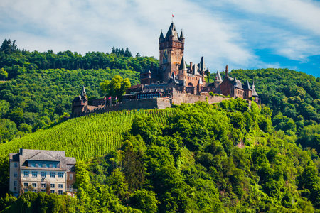 Reichsburg Castle aerial panoramic view in Cochem in Moselle valley, Germanyの写真素材