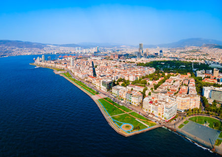 Izmir Kordon park aerial panoramic view. Izmir is a metropolitan city on the west coast of Anatolia and capital of Izmir Province in Turkey.の写真素材